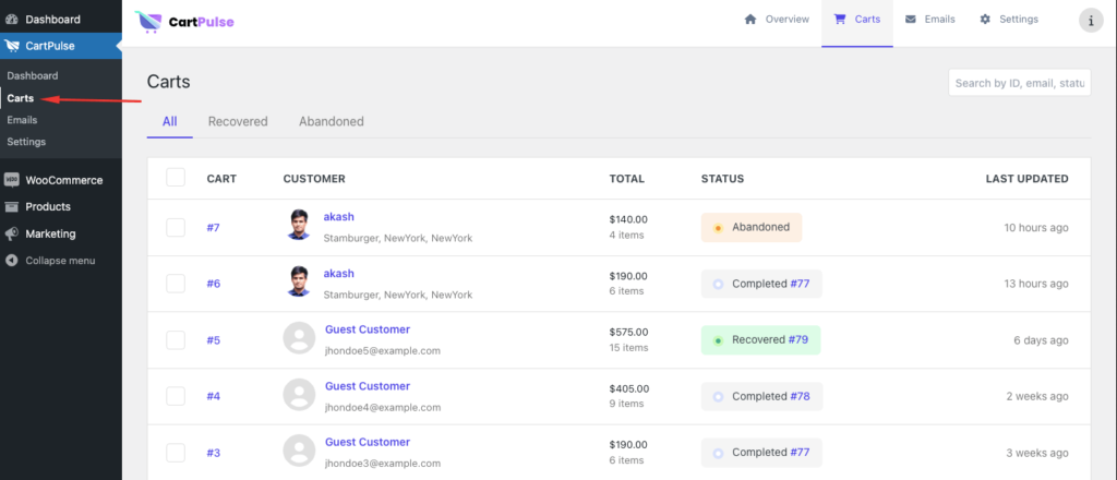 A screenshot of cart pulse carts details